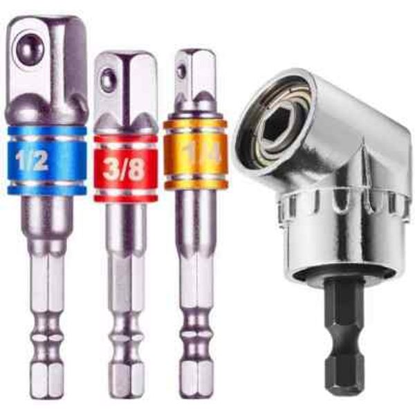 4Pcs 105°Right Angle Drill Attachment&Impact Grade Socket Adapter 1/4" 3/8" 1/2"