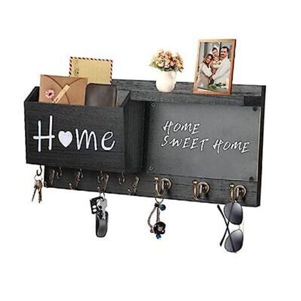 Key Holder for Wall Wooden Key Mail Organizer with Chalkboard Wall Mount Black