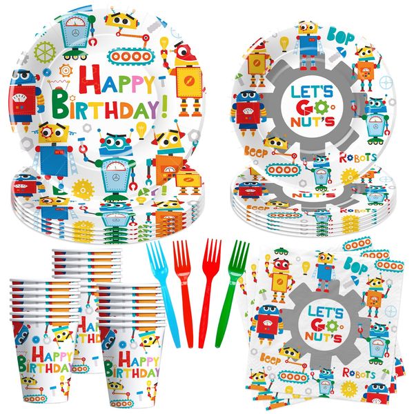 YJRJSC Robot Birthday Plates And Napkins Party Supplies - Robot Party Decorations Tableware, Paper Plate, Cup, Napkin, Disposable Fork, Kids Robot Theme Birthday Decorations Dinnerware | Serve 24