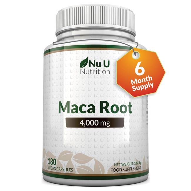 Maca Root Capsules 4000mg - 180 Vegan Capsules - 6 Month Supply - High Strength Peruvian Maca Root for Men & Women - Made in The UK - Nu U Nutrition