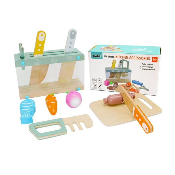 Masonbaby Play Kitchen Accessories, Wooden Play Food Set, 11Pcs Kids Kitchen Accessories with Cutting Board and Knife Set, Kitchen Pretend Play Gifts for 3+ Girls Boys