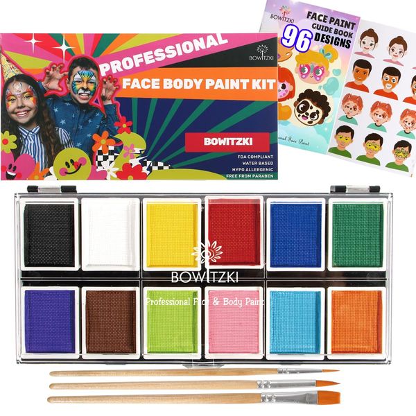 Professional Face Paint Kit, Bowitzki 12 Colors Non Toxic Hypoallergenic Water Based FDA Compliant Halloween Makeup Body Face Painting Colors