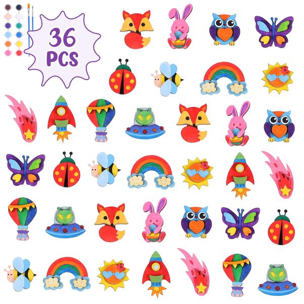 VOCHIC 36PCS DIY Wooden Magnets Painting Craft Kit for Kids, Paint Your Own Wooden Magnet and Art Supplies, Party Favors DIY Creativity Gifts for Boys Girls