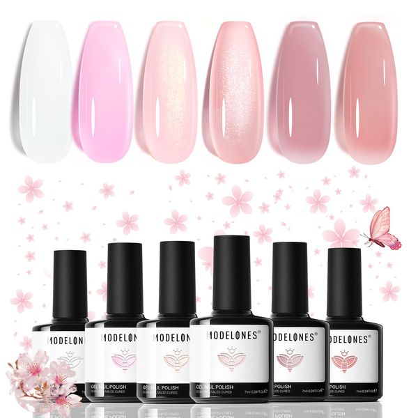 modelones Gel Nail Polish Set, 6 Colors Nude Pink Jelly Gel Polish Milky White Neutral Nail Gel Polish Summer Shimmery Glitter Translucent Nail Art Gel Kit Soak off Manicure DIY Salon Gift for Ladies