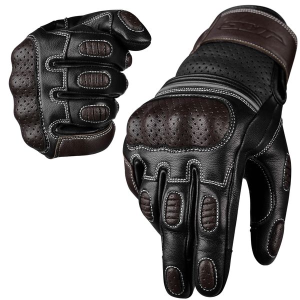 J.A.G. JAG Motorcycle Gloves, Brown Leather Perforated Motorcycle Gloves for Men with Knuckle Protection, Touchscreen Motorbike Gloves (Brown, X-Small)