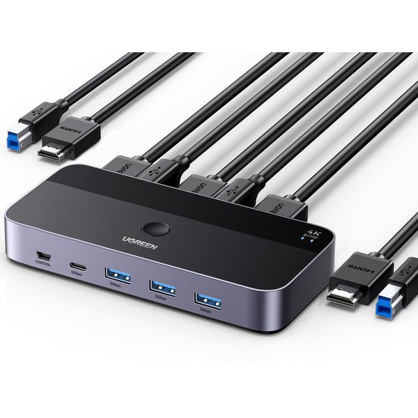 UGREEN HDMI 2.0 KVM Switch 4K@60Hz USB 3.0 Switch 4 USB Ports (3*USB 3.0+ USB C) Sharing 1 Monitor und Tastatur, Maus, Drucker, U disk für 2 PC mit 2 USB Kabeln und 2 HDMI Kabeln.