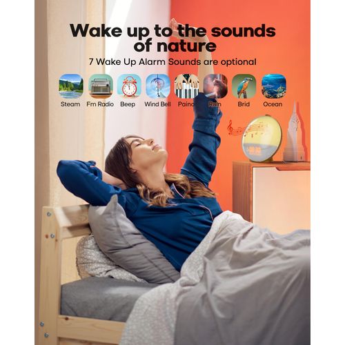 Dekala Sunrise Alarm Clock for Heavy Sleepers, Wood Grain Wake up Light Sunset Simulation, 7 Nature Sounds, Dual Alarms, Colorful Ambient Lamp, FM Radio, Snooze, Sleep Aid for Kids & Adults Bedroom