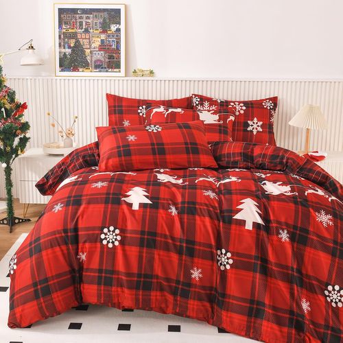 Mengersi Christmas Duvet Cover Set Full Size,Christmas Tree Snowflake Duvet Cover Check Printed Christmas Plaid Duvet Cover Comforter Cover Set for New Year Holidy Xmas Gifts