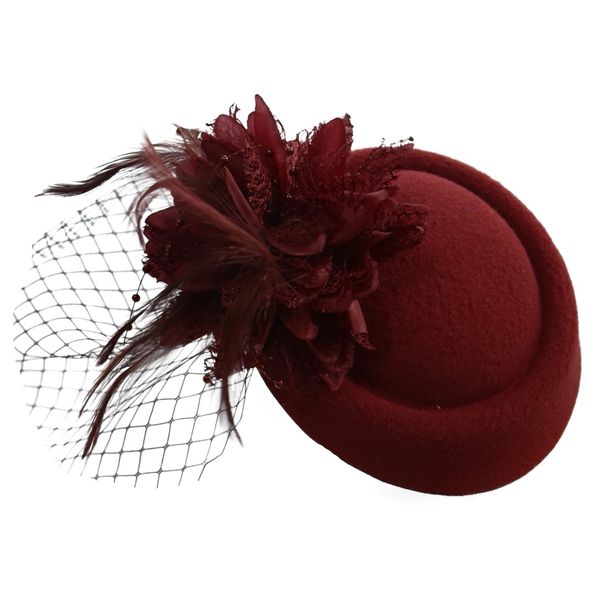 Burgundy Pillbox Fascinator Hat for Women Weddings Bird Cage Veil Clip