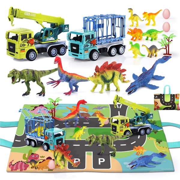 Dinosaur Toys for Kids 3-5: Small Transport Car Carrier Truck Crane Toy with 10 Dino Figures,Activity Playmat/Storage Bag|Dino Eggs & Tree,Capture Jurassic Dino Playset Toy for 3 Year Old Boy and Girl