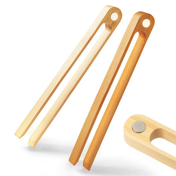 Magnetic Bamboo Toaster Tongs: 100% Natural 8.7” Wood Kitchen Toast Tongs| Eco-Friendly, Space Saving Modern Kitchen Accessory for Home Restaurant | Set of 2