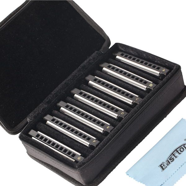 East Top 7 Tasten Mundharmonikaset verpackt, 7-Pack 10 Löcher 20 Töne Blues Diatonic Harmonica Für Erwachsene, Profispieler und Studenten