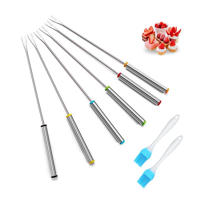 Set of 6 Fruit Forks Dessert Forks Stainless Steel Cheese Fruit Fondue Roast Marshmallow Meat with 2 Edible Silicone Brushes