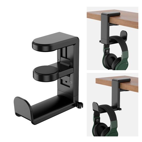 ONDAIUN Rotating Headphone Hook - Under Desk Headphone Holder with 360-Degree Adjustable Rotation&Cable Clip Organizer - Black