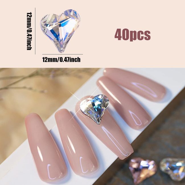 Nail Art Rhinestones,40PCS Love Heart Shaped Nail Gems and Charms,Pointed Back Shinny Nail Decoration Accessories Rhinestones for Nails DIY Manicure Design