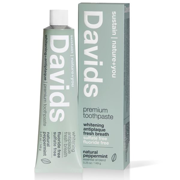 Davids Natural Whitening Toothpaste, Antiplaque, Fluoride Free, SLS Free, Peppermint, 5.25 OZ Metal Tube, Tube Roller Included