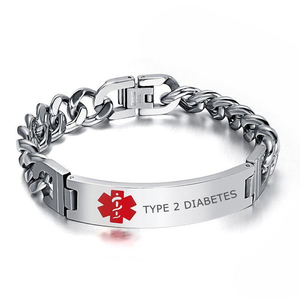 Men Stainless Steel TYPE 2 DIABETES Medical Alert Bracelet Chunky Bangle Chain