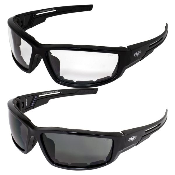 Global Vision Lot of 2 Motorcycle Padded Glasses Sunglasses Clear and Smoke ATV Quad Moped