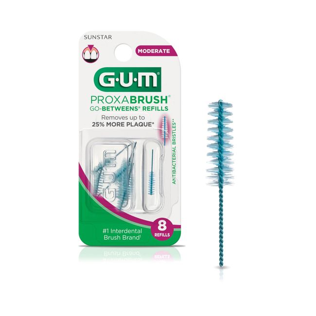 GUM Proxabrush Go-Betweens Refills - Moderate - Compatible with all GUM Permanent Handles - Reusable Interdental Brushes - Soft Bristled Dental Picks, 8 count