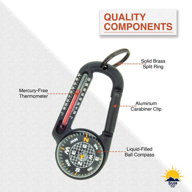 Sun Company TempaComp - Ball Compass and Thermometer Carabiner, Hiking,  Backpacking, and Camping Accessory, Clip On to Backpack or Jacket