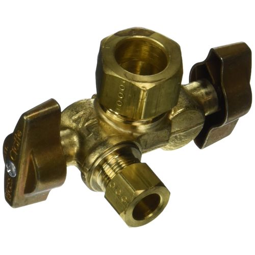 BrassCraft KTCR1900DVX R1 1/2" Nominal Comp Inlet x 3/8" O.D Comp x 1/4" O.D Comp Dual Outlet Dual Shut-Off 1/4-Turn Angle Ball Valve