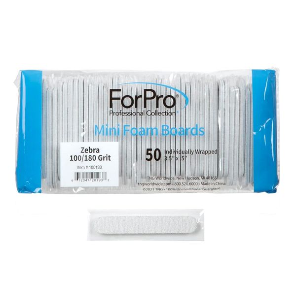 ForPro Professional Collection Mini Foam Board, Zebra, 100/180 Grit, Double-Sided Manicure Nail File, Individually-Wrapped, 3.5” L x .5” W, 50-Count