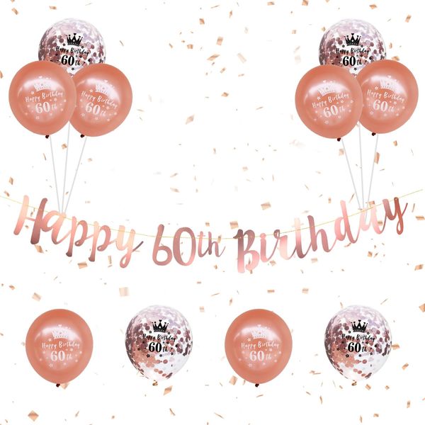 Happy 60th Birthday Banners Women, Rose Gold 60th Birthday Decorations Kit with Happy 60th Birthday Banner Bunting 12Inch Happy 60th Birthday Confetti Balloons for 60th Birthday Party Supplies