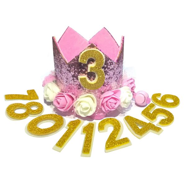 POSAPET Crown Dog Birthday Hat Girl Reusable Doggie Birthday Party Hat with Numbers Puppy Birthday Crown Hats for Dogs Cats Kitten Headband Hats Pink