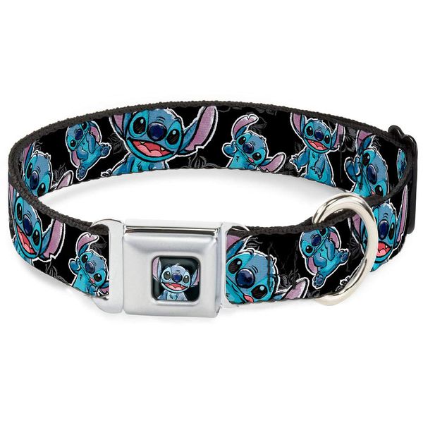 Buckle-Down Seatbelt Buckle Dog Collar - Stitch Poses/Hibiscus Sketch Black/Gray/Blue - 1.5" Wide - Fits 13-18" Neck - Small