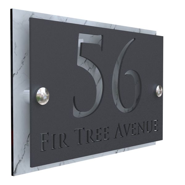 K Smart Sign | Simpatico | Modern laser Cut House Signs 3d effect door number address style sign plaques address numbers | 200mm x 130mm (White Marble & Matt Gray)