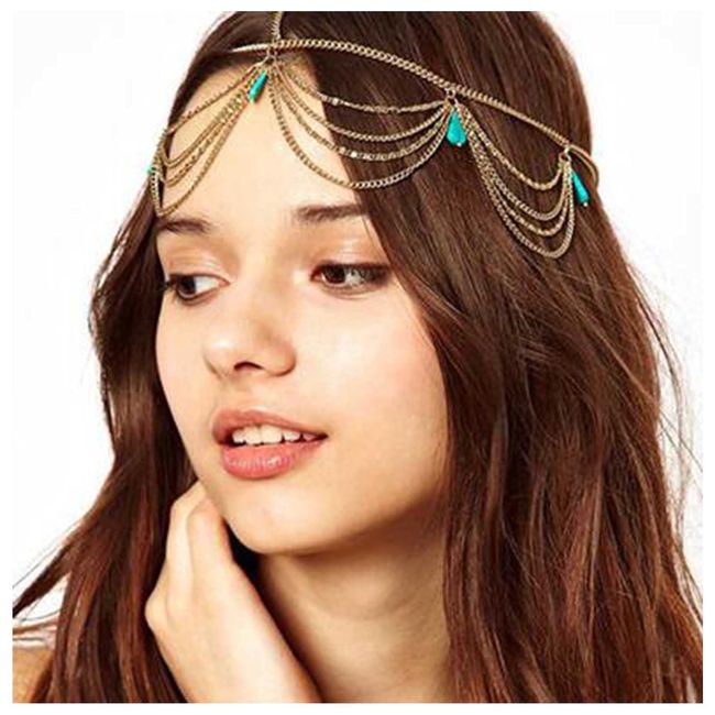 Yheakne Boho Turquoise Headband Gold Layered Tassel Head Chain Gypsy Hair Chain Festival Wedding Headpieces Decorative Headdress Hair Accessories for Women and Teen Girls Gifts