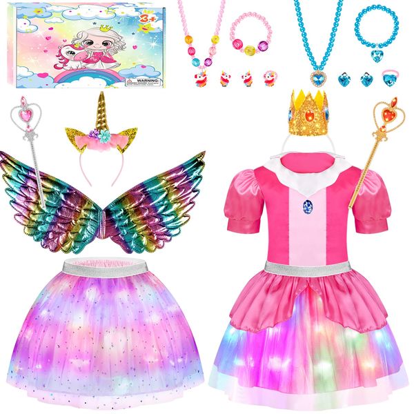 Toddlers Light Up Princess Dress Up Clothes for Little Girls 3-6, Unicorn & Peach Kids Dress Up Princess Costume with Tutu, Wing, Play Jewelry, Kid Pretend Play Princess Toys Gift for Girls Toddler