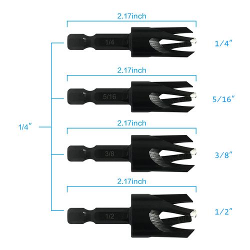 Wood Plug Cutters, 4 pcs Straight Wood Plug Cutters & 4 pcs Tapered Plug Cutters Set with 1/4 Hex Shank, Taper Cutting Tool Cork Drill Bit Knifes in 4 Sizes 1/4", 5/16", 3/8", and 1/2" Black