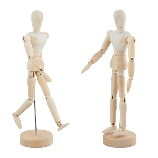 Relaxdays Gliederpuppe 2er Set, Holzpuppe, 20 cm Zeichenpuppe, bewegliche Holzfigur, zum Zeichnen, Zeichenfigur, Natur