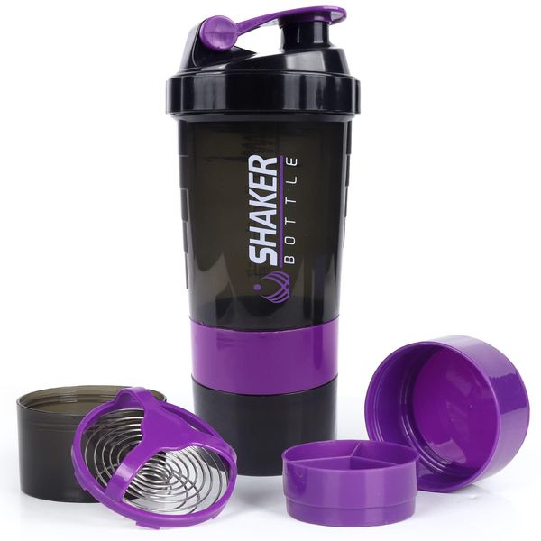 XSUPER Shaker per proteine da 473,6 ml, a 3 strati, con contenitore per pillole e integratori, shaker per palestra e sport, con sfera di miscelazione, shaker a prova di perdite, per shaker per