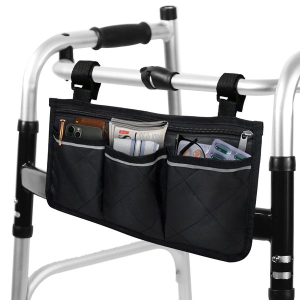 Walker Bags for Folding Walker - Durable Walker Baskets for Rolling Folding Walker with Reflective Strips, Universal Walker Bag Wheel Chair Accessories Bag, Two Adjustable Velcro Straps, Black