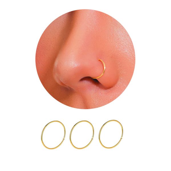 ESLALA 14K Gold Nose Ring Hoop for Women, Thin Nose Piercing jewelry (Gold,3pcs- 8mm 22 gauge)