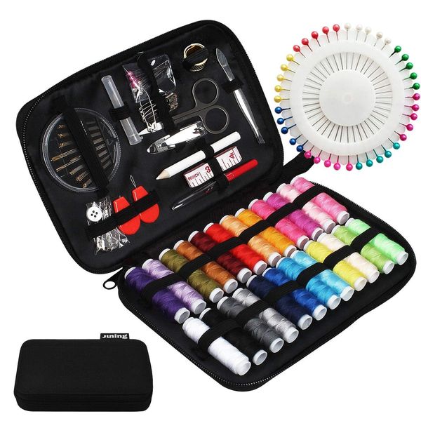 JUNING Sewing Kit with Case, 130 pcs Sewing Supplies for Home Travel and Emergency, Kids Machine, Contains 24 Spools of Thread of 100m, Mending and Sewing Needles, Scissors, Thimble, Tape Measure etc