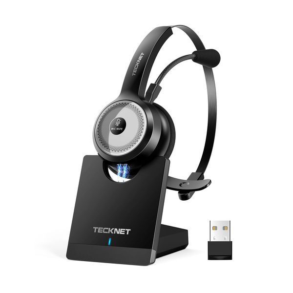 TECKNET Bluetooth Headset mit Mikrofon, USB PC Bluetooth Headset mit AI Rauschunterdrückung, kabelloses Headset mit Ladestation für Call Center, Computer, Handy, Kristallklar Chat, Super Leicht