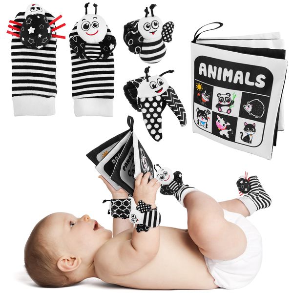 Zendstanding Baby Toys 0-12 Months: Black and White Sensory Toys Baby Socks & Wrist Rattles Newborn Toys with Baby Cloth Book Kits, High Contrast Baby Gifts for Boys Girls