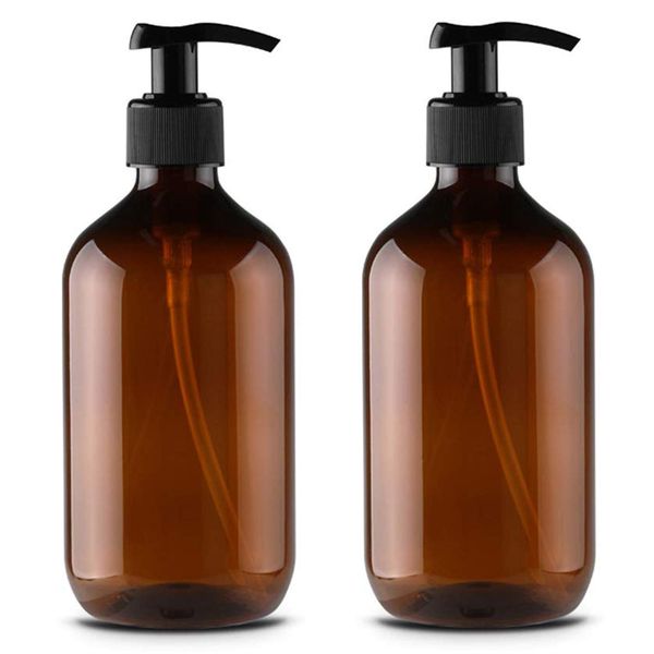 Alledomain 2PCS 300ml/10oz Empty Refillable Plastic Lotion Pump Bottles, Shampoo Body Washing Cream Shower Gel Storage Holder Container Toiletries Liquid Dispenser (Brown)