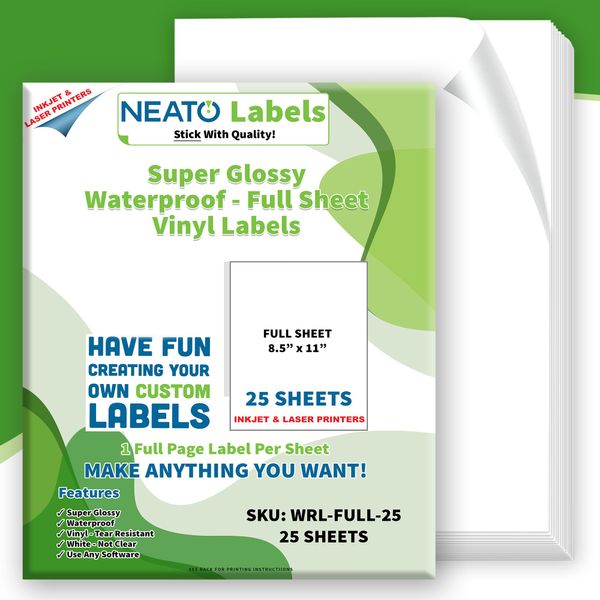 Printable Vinyl Sticker Paper - 25 Super Glossy Waterproof Labels for Inkjet and Laser Printers - Premium White Full Sheets - Strong Adhesive - Tear Resistant