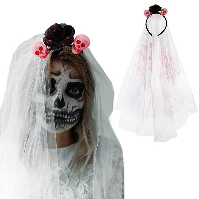 IYOU Halloween Skull Headbands Flower Black Veil Hair Band Bloody Print Cosplay Dress Up Carnival Hair Hoop Accessories for Women and Girls