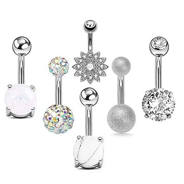 Body Piercing Jewelry-Ruicoo Navel Piercing Belly Button Rings Stainless Steel 14G 6pcs Navel Rings Barbell Studs Women Girls Body Piercing Jewelry Piercing Barbell