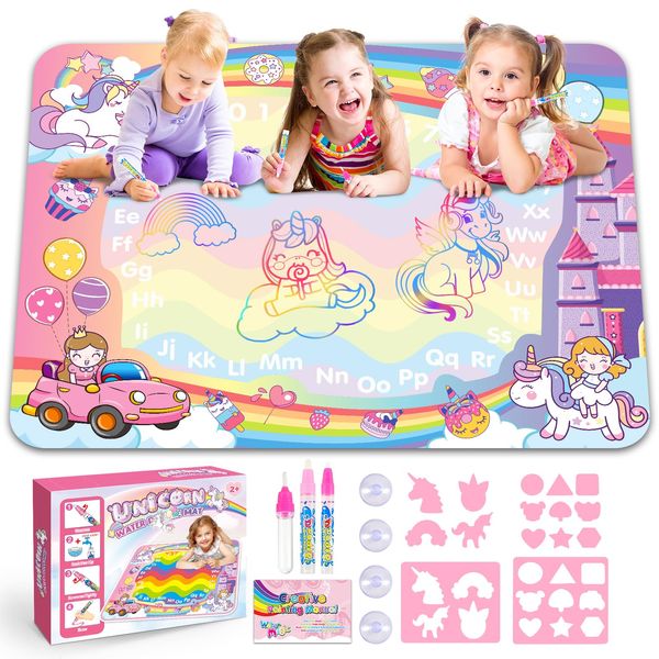 Tsokize Aqua vattendoodle/enhörning matta 100 x 80 cm XL Magic Doodle målerimatta med vattenpenna verktyg tillbehör för barn baby
