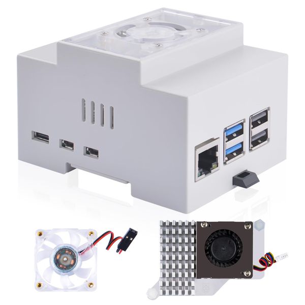 GeeekPi Raspberry Pi 5 Gehäuse, DIN Rail ABS Gehäuse mit Active Cooler Cooling Fan für Raspberry Pi 5, Modular Box für Electrical Panels