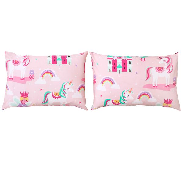 Bloomsbury Mill - Kids Pillow Cases 2 Pack - Unicorn, Rainbow and Princess - Pink Pillow Covers for Girls Duvet Cover Sets or Kids Travel Pillow - Pair of Childrens Pillowcases (Extra) - 50x75cm