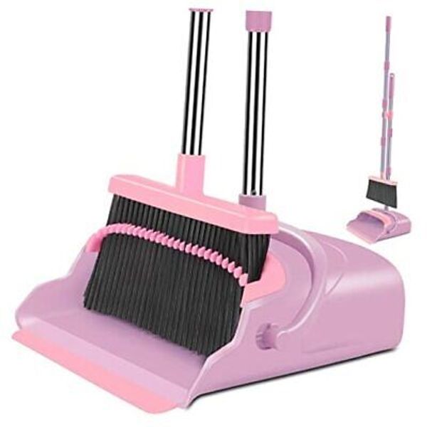 Broom and Dustpan Set for Home, Office, Indoor&Outdoor Sweeping, Stand Up Pink