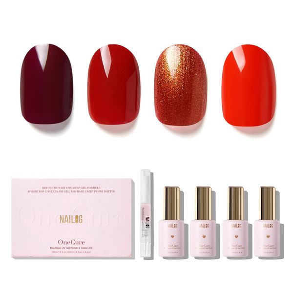 NAILOG Gel Nail Polish Set - 4 Colors Top Coat Color Gel Base 3-In-1 Soak Off UV Gel Polish Kit for Home DIY & Birthday Gifts for Women,Red Utopia