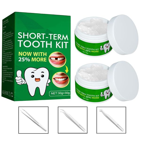 Temporary Tooth Filling Kit with Tweezers, 2 * 30ml Short-Term Tooth Kit, Moldable Fake Teeth Filling Beads for Temporary Fixing, Tooth Filler for Missing Broken Fake Chipped Teeth